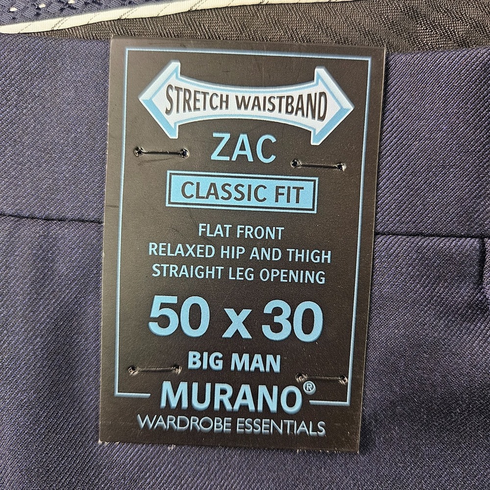 NEW Murano ZAC Dress Pants Men 50 x30 Classic Flat Front Navy Stretch Waistband